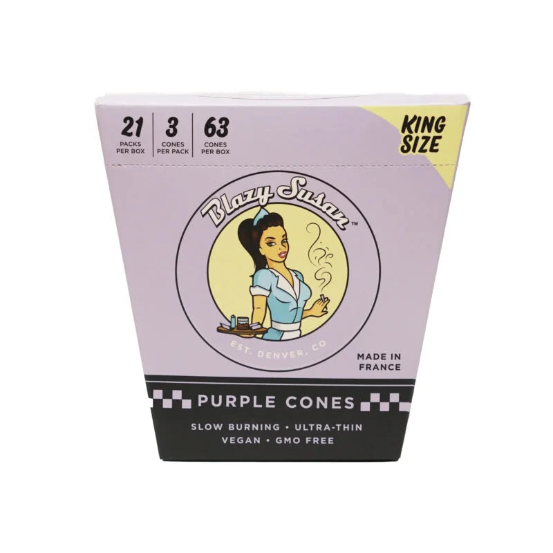 Blazy Susan King Size Purple Pre Rolled Cones - 21pk Box 3 cones per pack 63cones per box