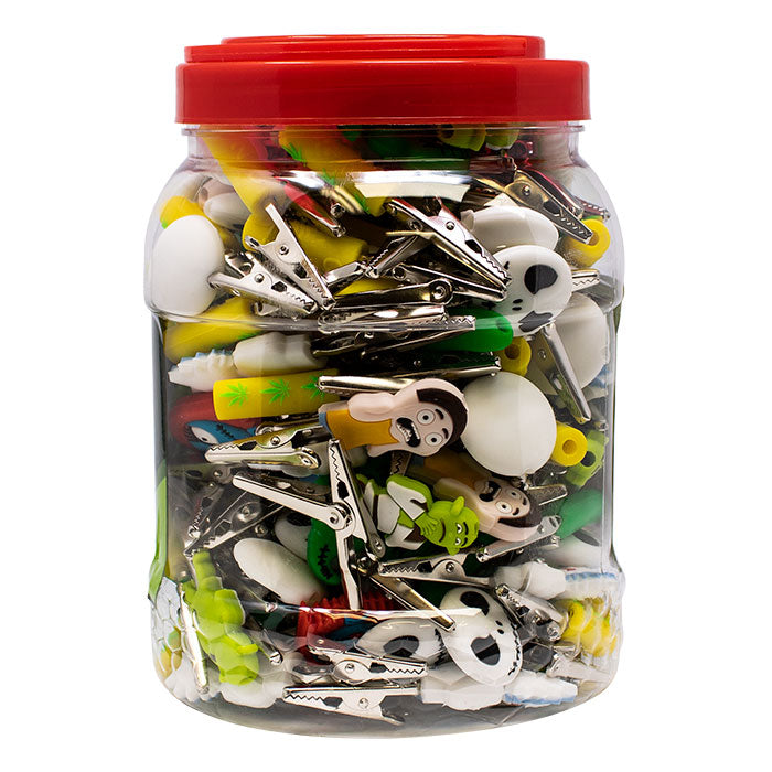 ASSORTED SILICONE CARTOON CHARACTERS ROACH CLIPS JAR OF 120