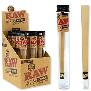 RAW CONE DLX GLASS TIPPED HAND ROLLED KING SIZE - 1 CONE PER TUBE-12CT DISPLAY- TOTAL 12 CONES