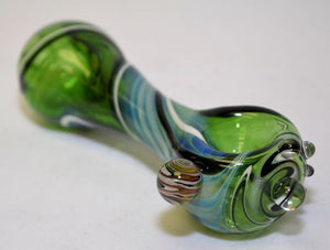 GLASS HAND PIPE BLUE WITH GREEN / WHITE SWIRLS