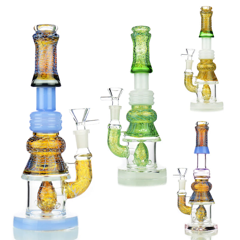 10" Water Pipe Bubble Trap Art with M9 Perc and 14mm Male Bowl -Gold Fume Glass