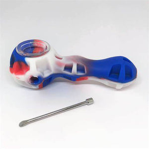 Silicone 4" Hand Pipe with Metal Bowl, Attached Lid & Carbineer