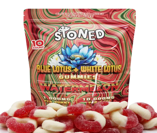 STONED BLUE MUSHROOM GUMMIES BLUE LOTUS + WHITE LOTUS 1,000MG PER GUMMY 10,000MG PER BAG