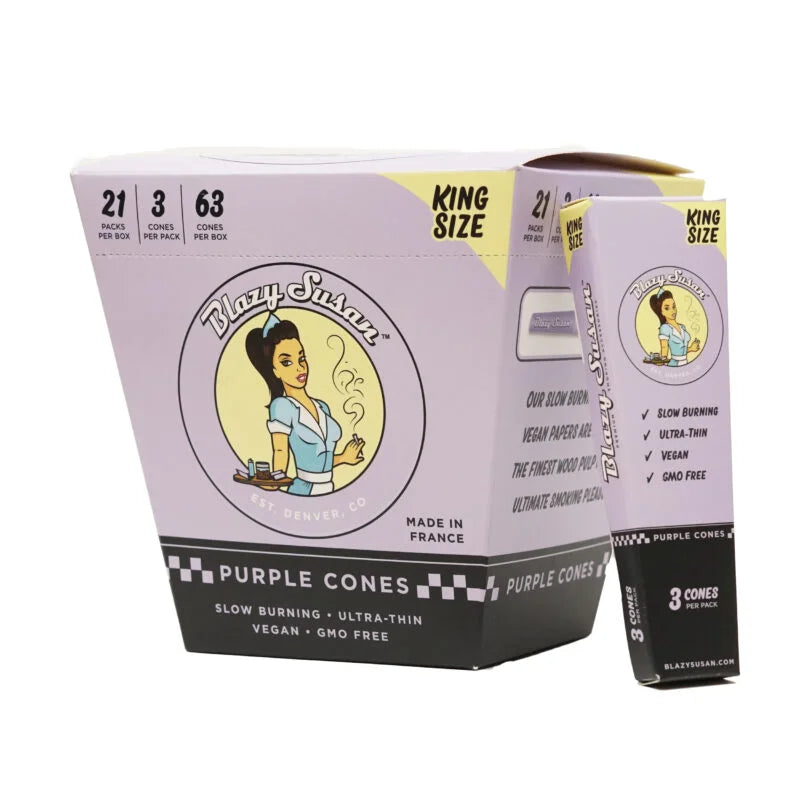 Blazy Susan King Size Purple Pre Rolled Cones - 21pk Box 3 cones per pack 63cones per box