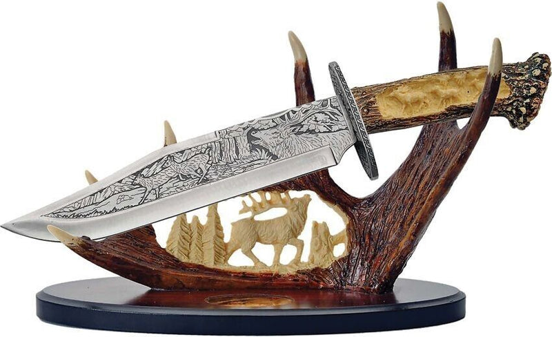 15” Hunting Knife 440 Stainless Steel Decorative with Polyresin Deer Antler Display Stand