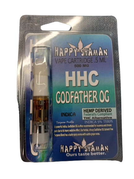 HAPPY SHAMAN VAPE CARTRIDGE .5ML 500MG:HAPPY SHAMAN HHC GODFATHER OG INDICA