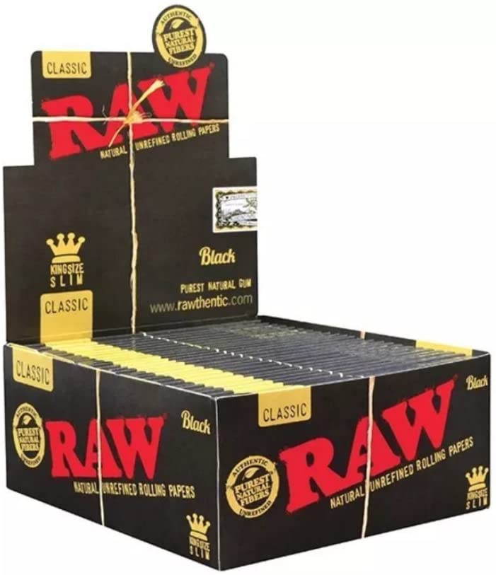 Raw Black Classic King Size Slim Natural Rolling Papers, 50 Packs Box