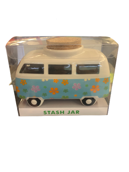 FASHION CRAFT  CERAMIC STASH JAR BUS BLUE FLOWERS