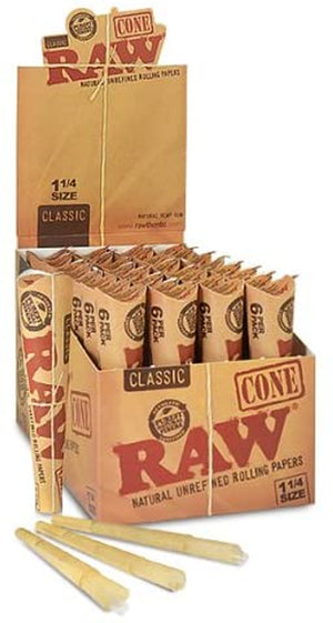 RAW Classic Pre-Rolled Cones 1¼" Size - 32 Packs Per Box, 6 Cones Per Pack