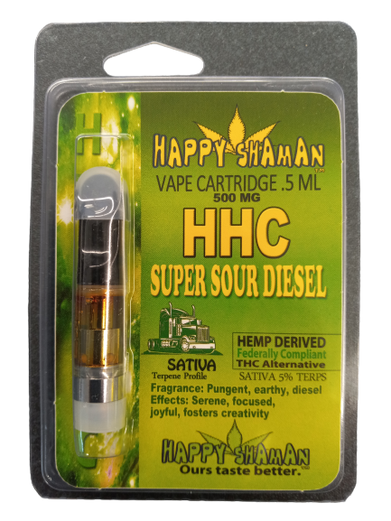 HAPPY SHAMAN VAPE CARTRIDGE .5ML 500MG:HHC SUPER SOUR DIESEL SATIVA