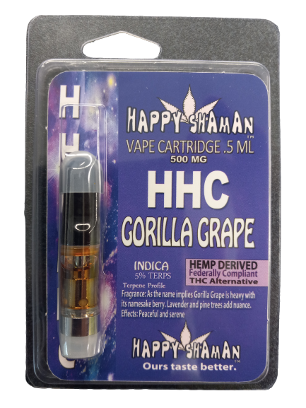 HAPPY SHAMAN VAPE CARTRIDGE .5ML 500MG:HHC GORILLA GRAPE INDICA